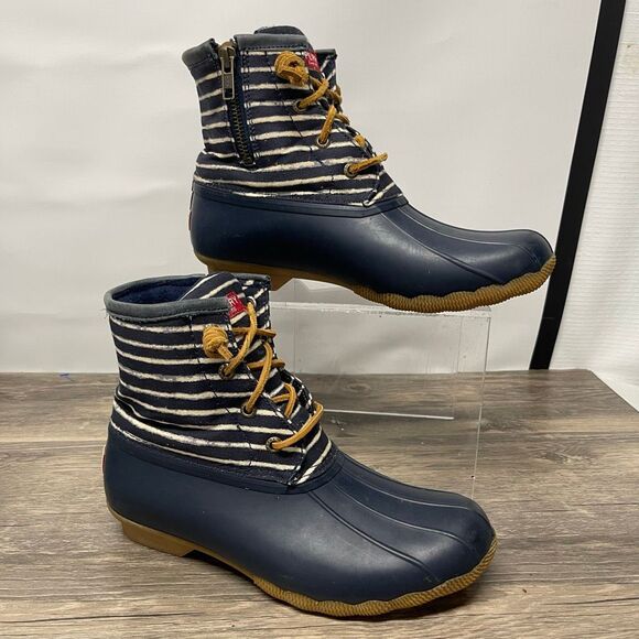 Sperry Saltwater Duck Boots Women’s 7 Navy Stripe Preppy Nautical Waterproof - Picture 1 of 7